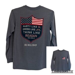 Burlebo Long Sleeve Pocket T-Shirt Mens Small  Blue Party Like W JFK Reagan Flag
